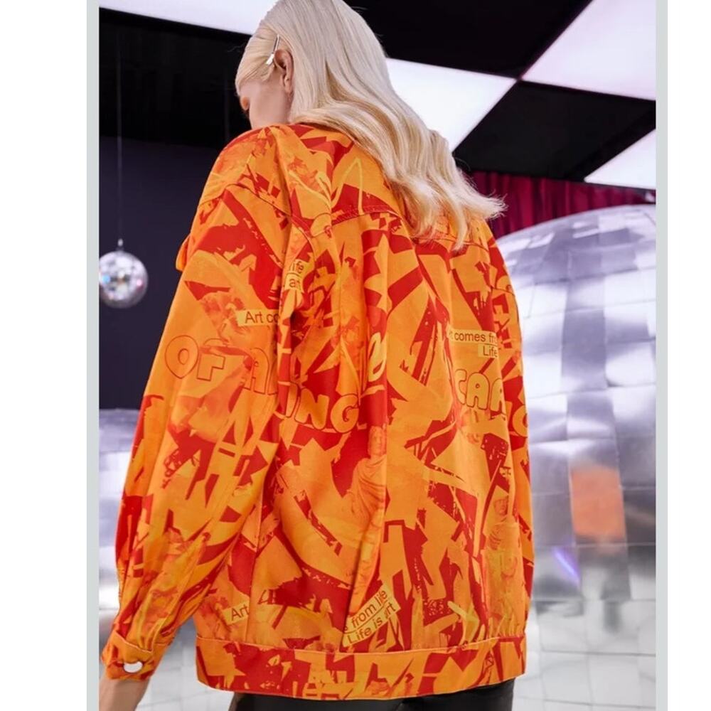 Artsy Graffiti Jacket Large Orange Art is Life Button Front Pop Streetwear Shein - Picture 3 of 14